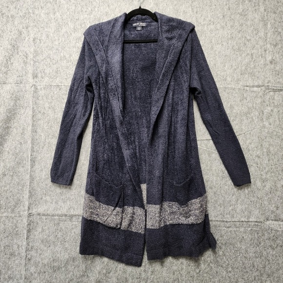 Barefoot Dreams Cozychic Lite Knit Cardigan Sweater Womens Medium Blue w/ Stripe - Picture 3 of 8